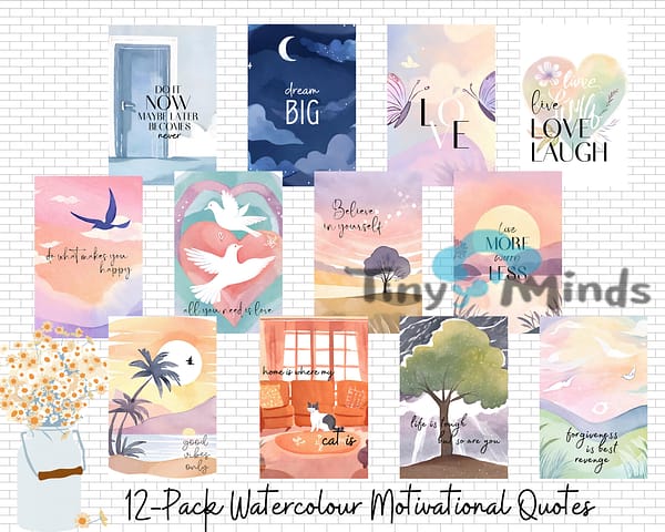 12 Pack Watercolor Painting with Motivational Quotes